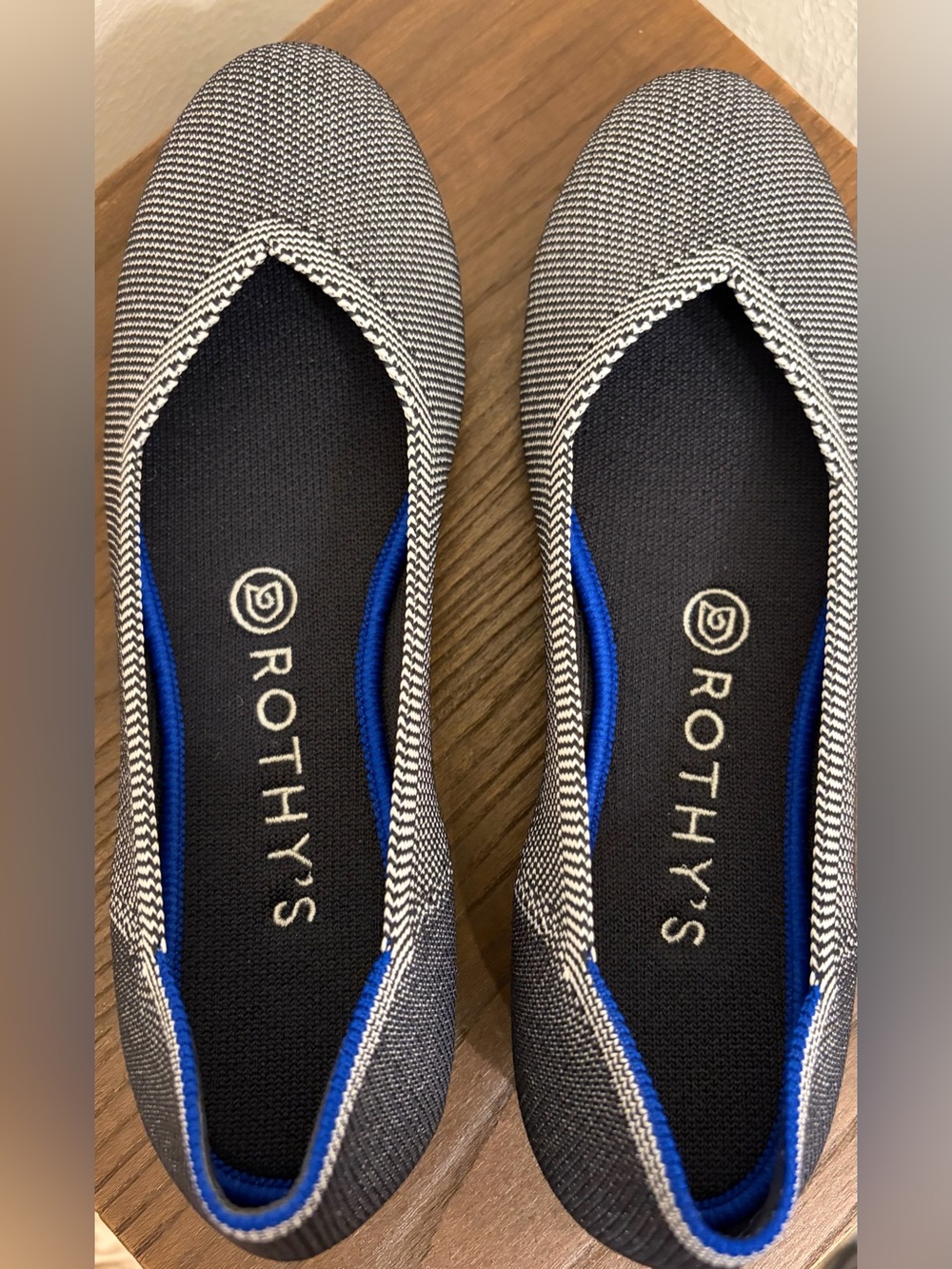 Rothy's Women’s The Flat Cloud Grey Birdseye Round Toe Ballet Blue White - 7.5